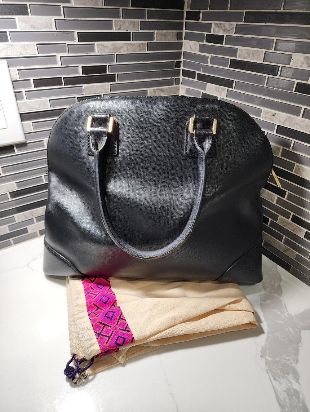 Tory Burch Black Leather Dome Satchel with Gold Hardware - Picture 2 of 13